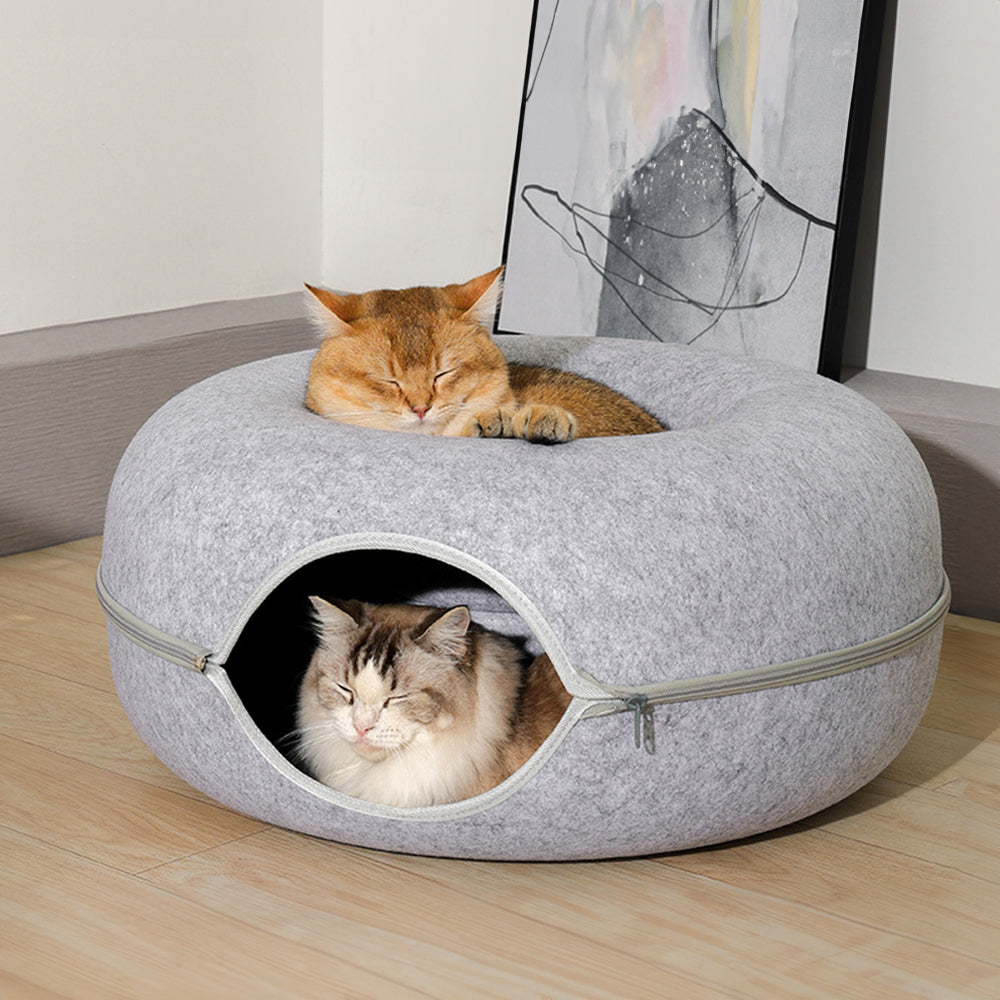 50cm Round Felt Cat Tunnel Bed 3-in-1 Donut Play Tunnel Hideaway
