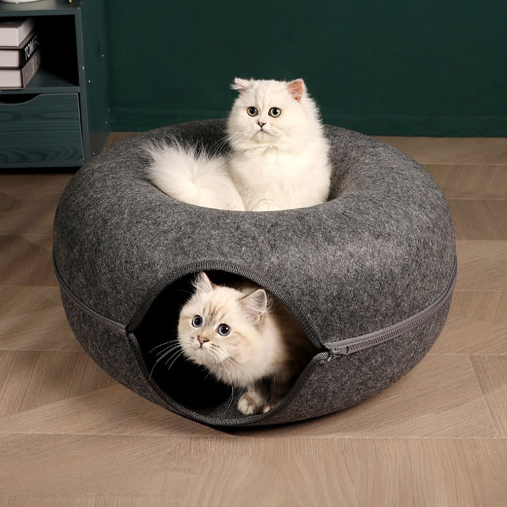 50cm Round Felt Cat Tunnel Bed 3-in-1 Donut Play Tunnel Hideaway