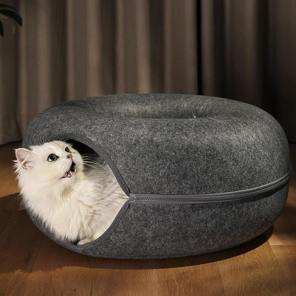 50cm Round Felt Cat Tunnel Bed 3-in-1 Donut Play Tunnel Hideaway