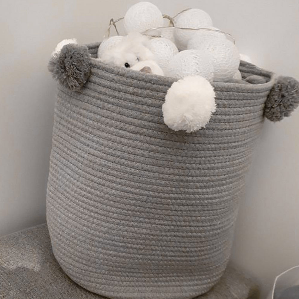 Woven Cotton Rope Storage Basket with Edge Hairball Decoration