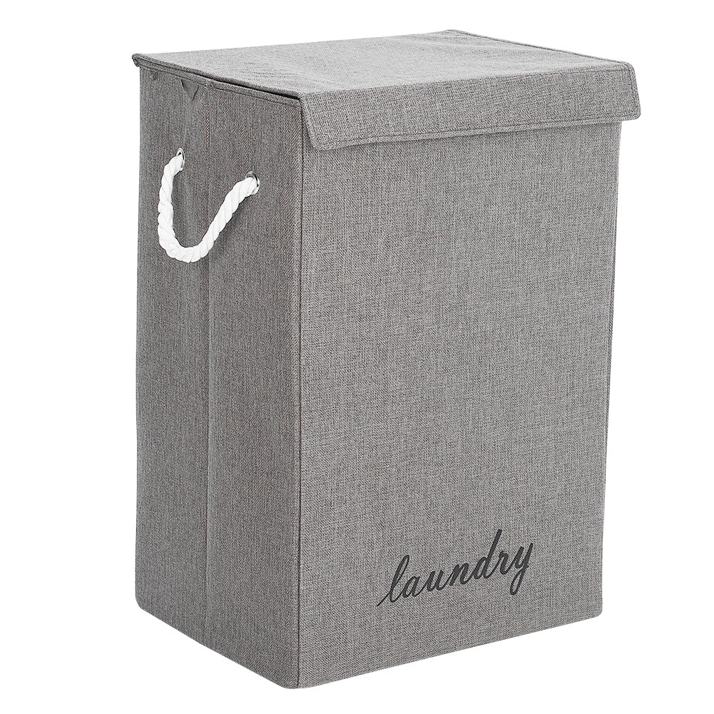 Grey Lidded Foldable Laundry Hamper Linen Fabric with Handles