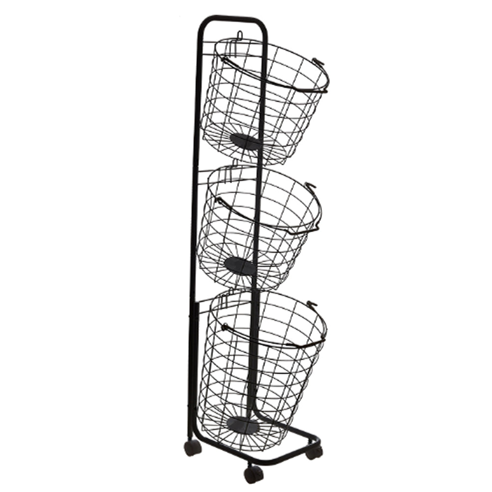 3 Tier Black Laundry Basket with Wheels Metal Rolling Storage Organiser