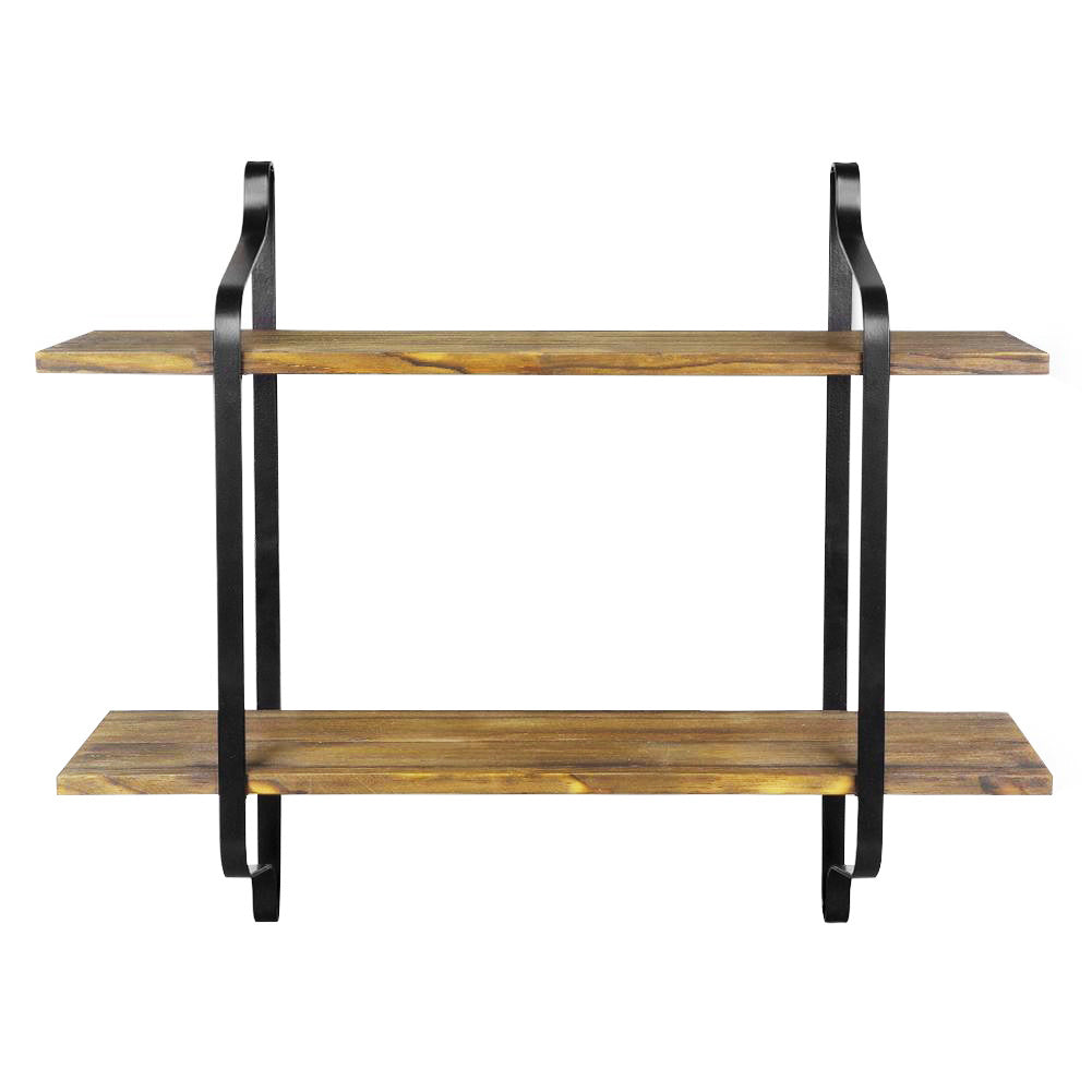 2-Tier Wall-Mounted Metal Frame Floating Shelf Wood Storage Shelf