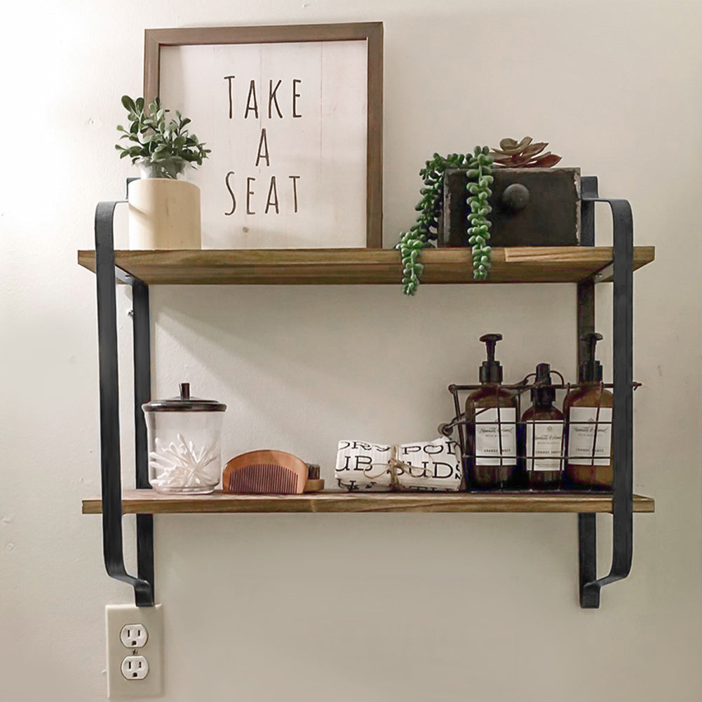 2-Tier Wall-Mounted Metal Frame Floating Shelf Wood Storage Shelf