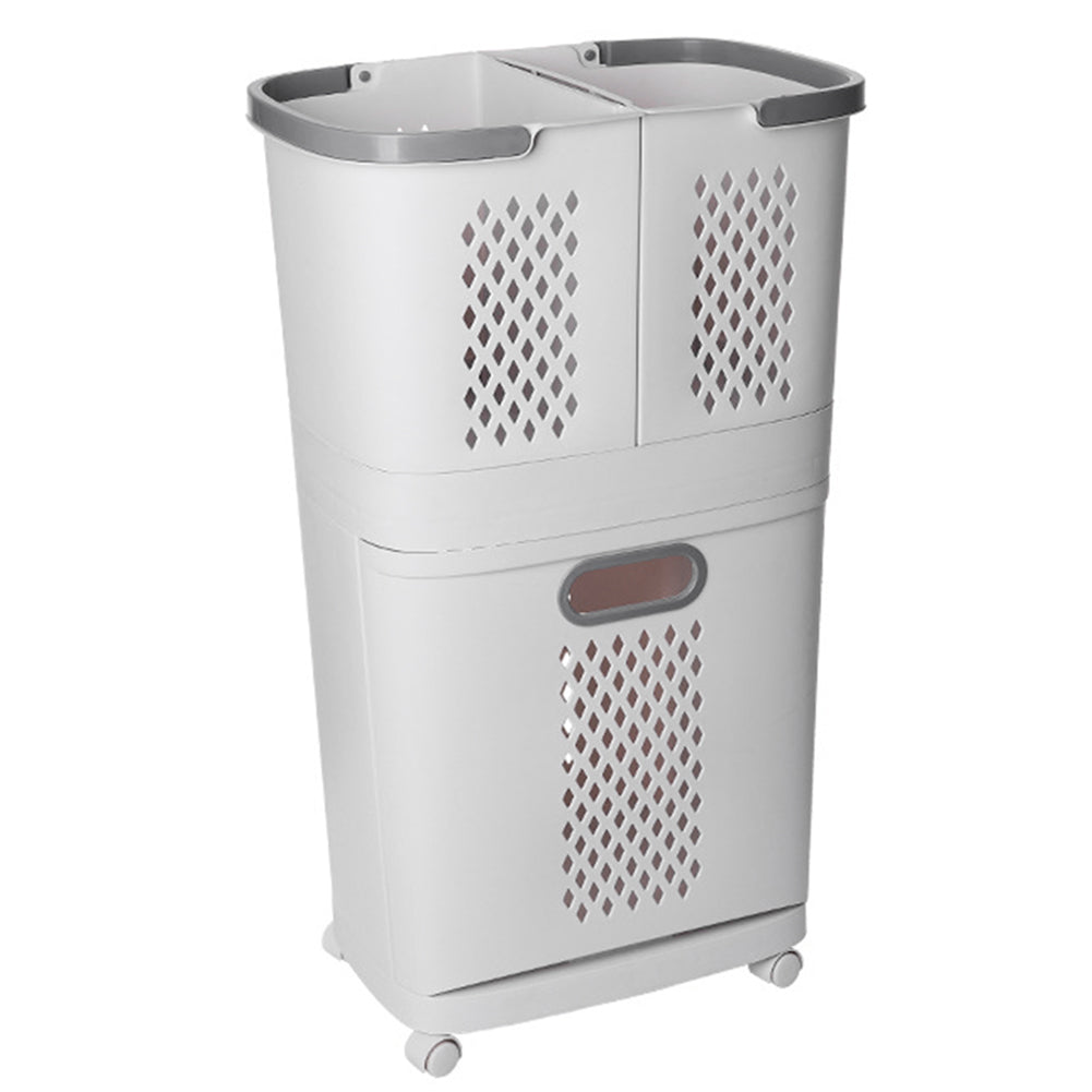 3 Section White Laundry Retractable Sorter Basket with Wheels Removable Bags