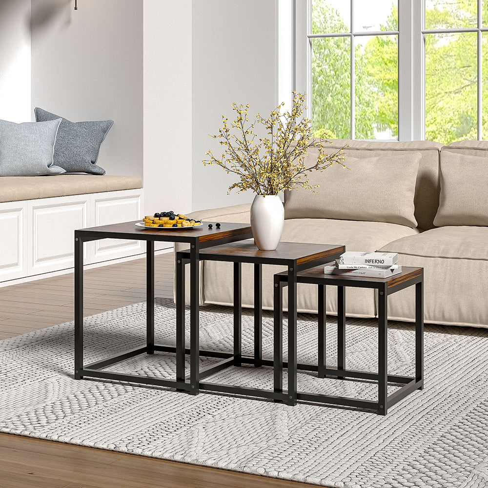 Industrial Square Nesting Side Table Set of 3 with Wood Tops