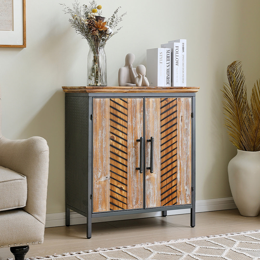 Industrial Storage Cabinet with Fir Wood and Metal Frame