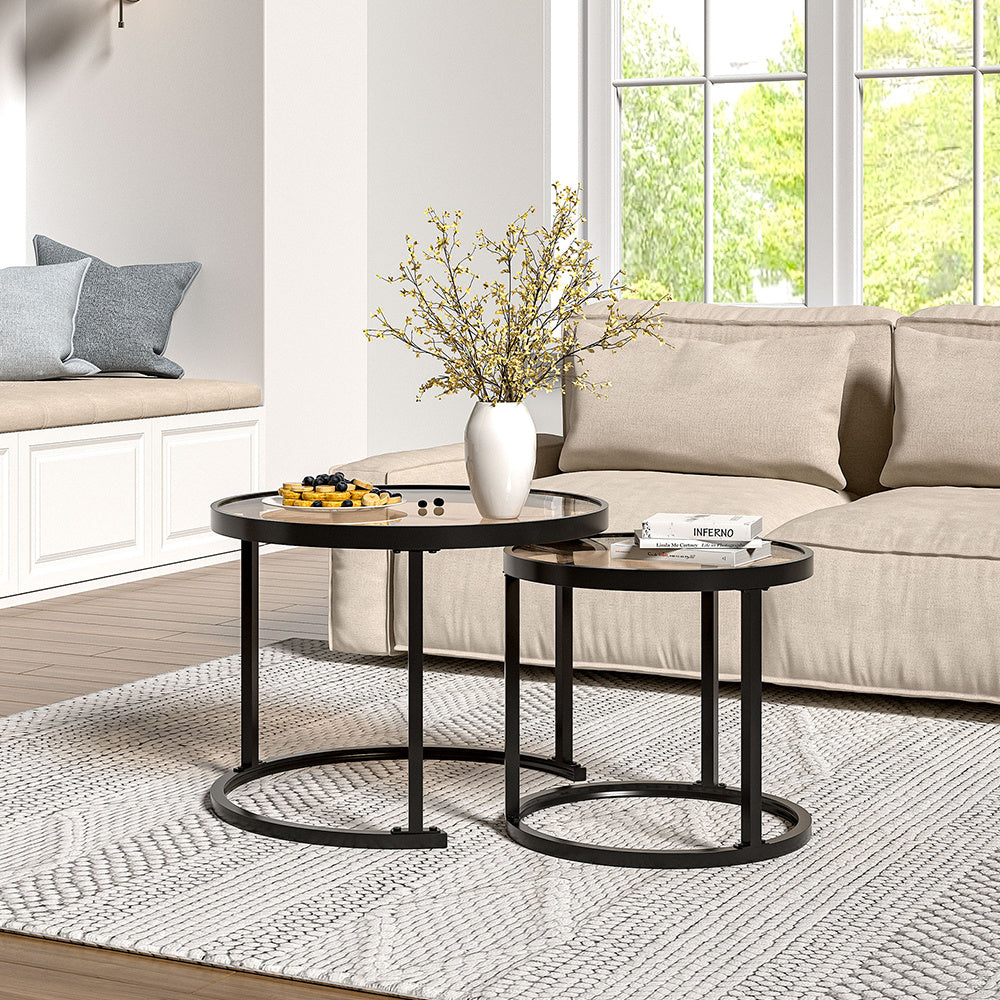 Set of 2 Modern Round Nesting Coffee Table Set with Glass Top Tables