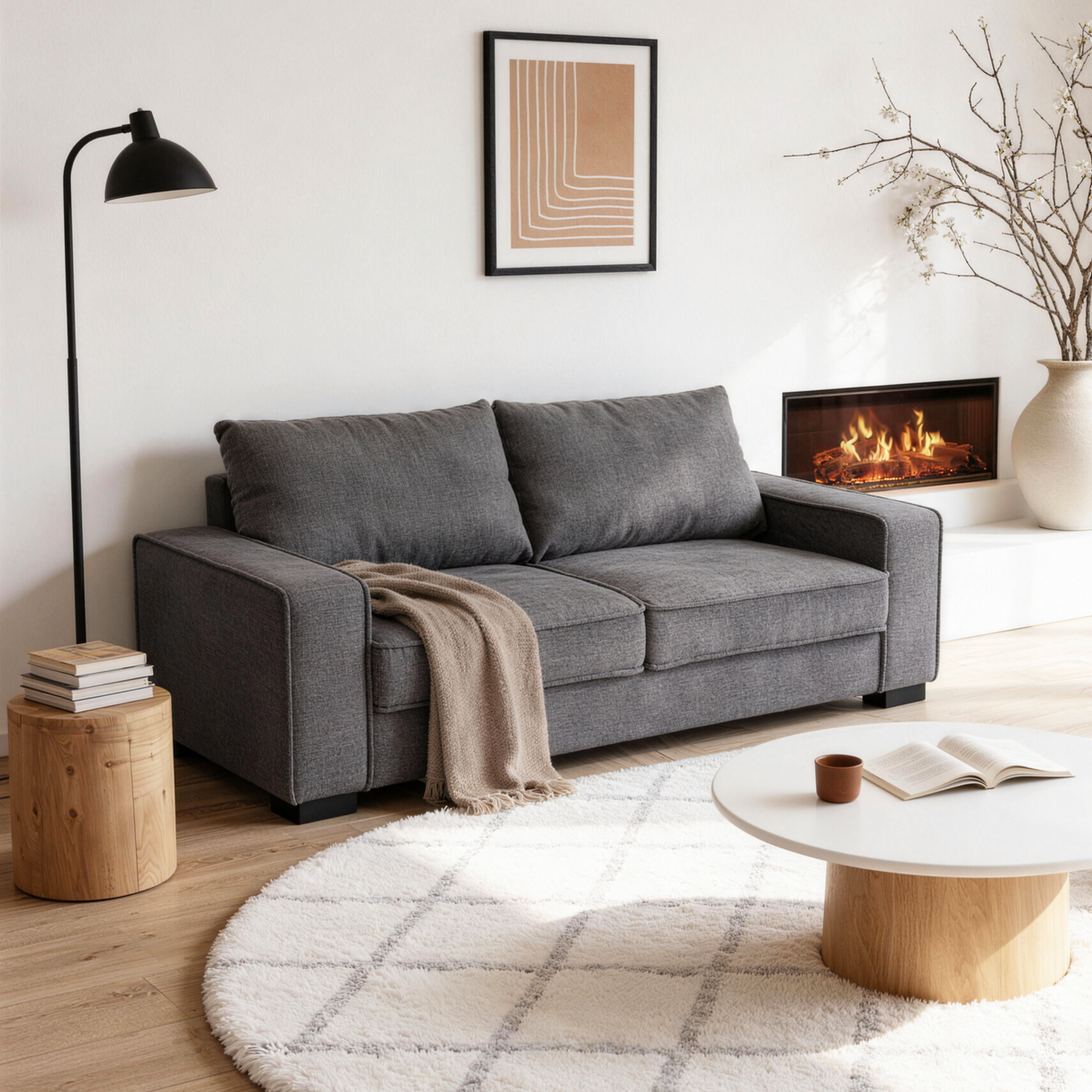 3 Seater Grey Sofa With Deep Foam Cushions Polyester Fabric