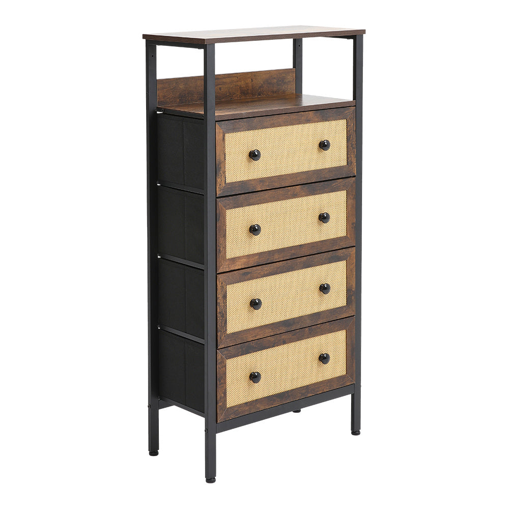 4 Drawer Rustic Rattan Storage Cabinet with Drawers and Open Shelf