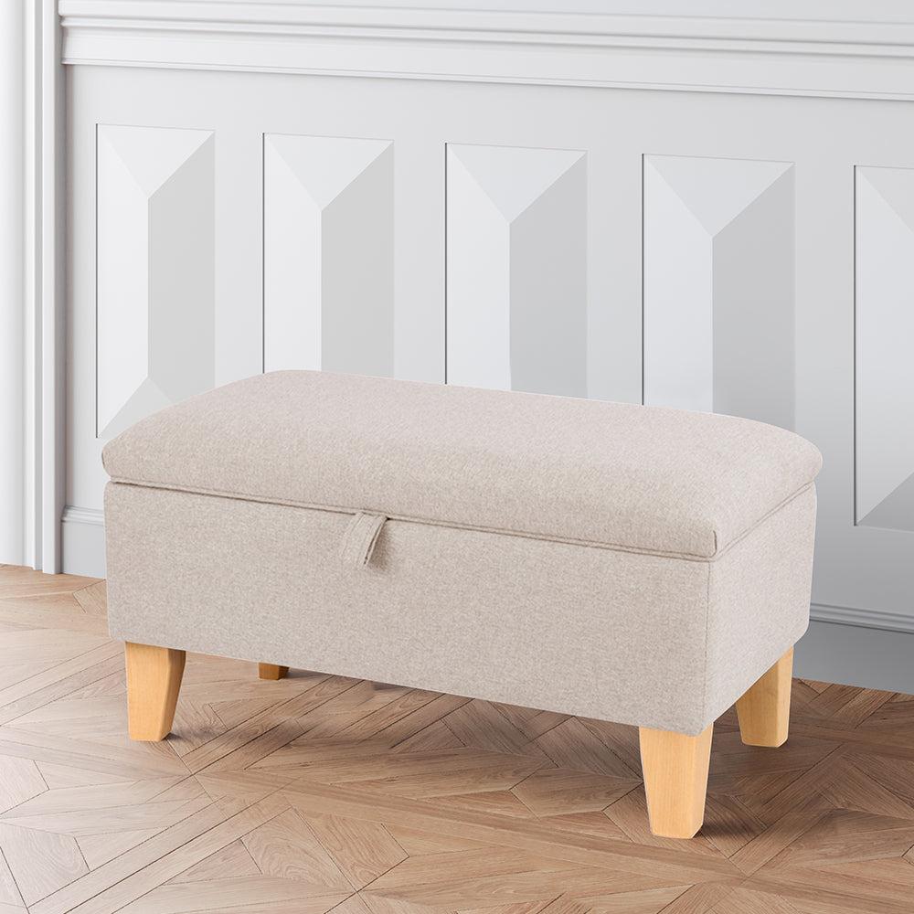2 in 1 Linen Storage Organizer Ottoman Footstool with Hinged Lid Wooden Legs