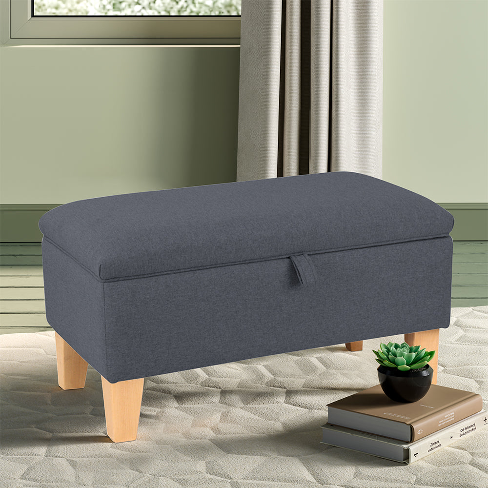 2 in 1 Linen Storage Organizer Ottoman Footstool with Hinged Lid Wooden Legs