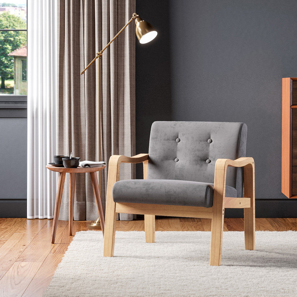 Modern Linen Fabric Buttoned Armchair Ergonomic Accent Chair with Rubberwood Frame