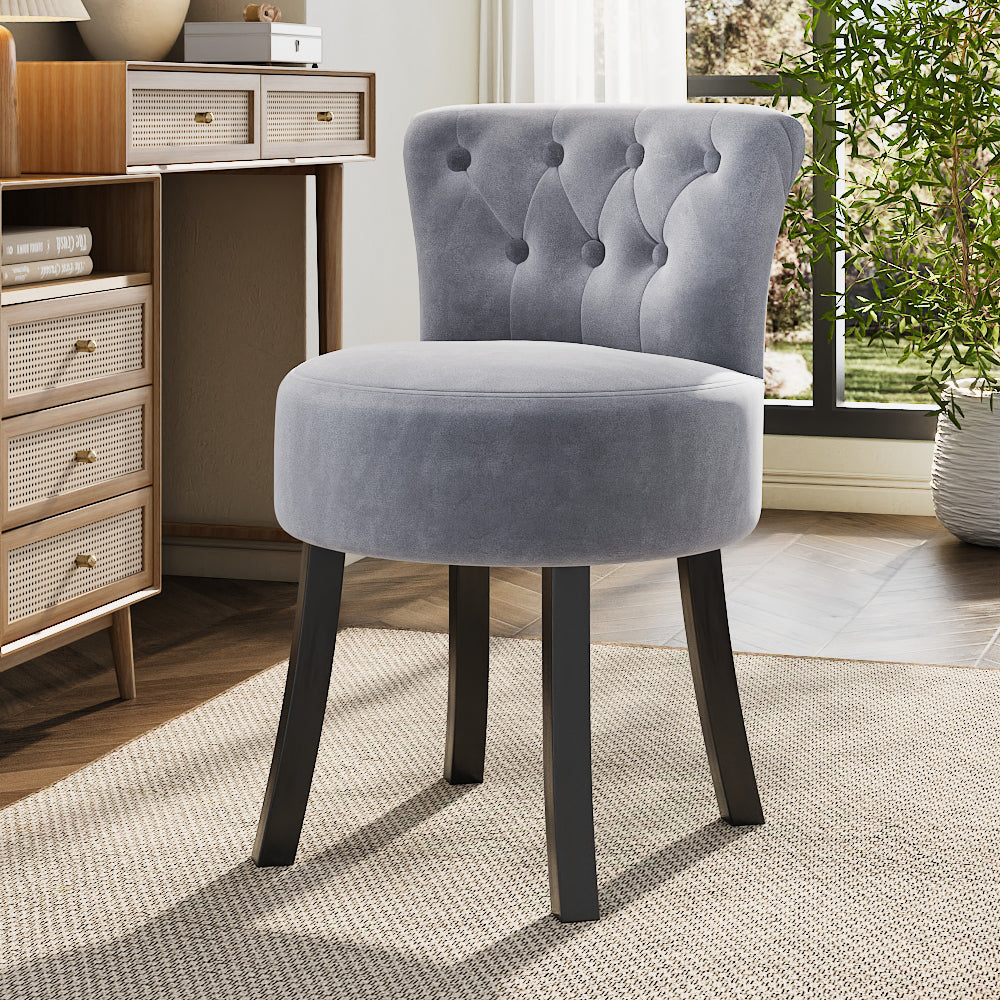 Grey Tufted Velvet Buttoned Dressing Table Stool Solid Wood Frame