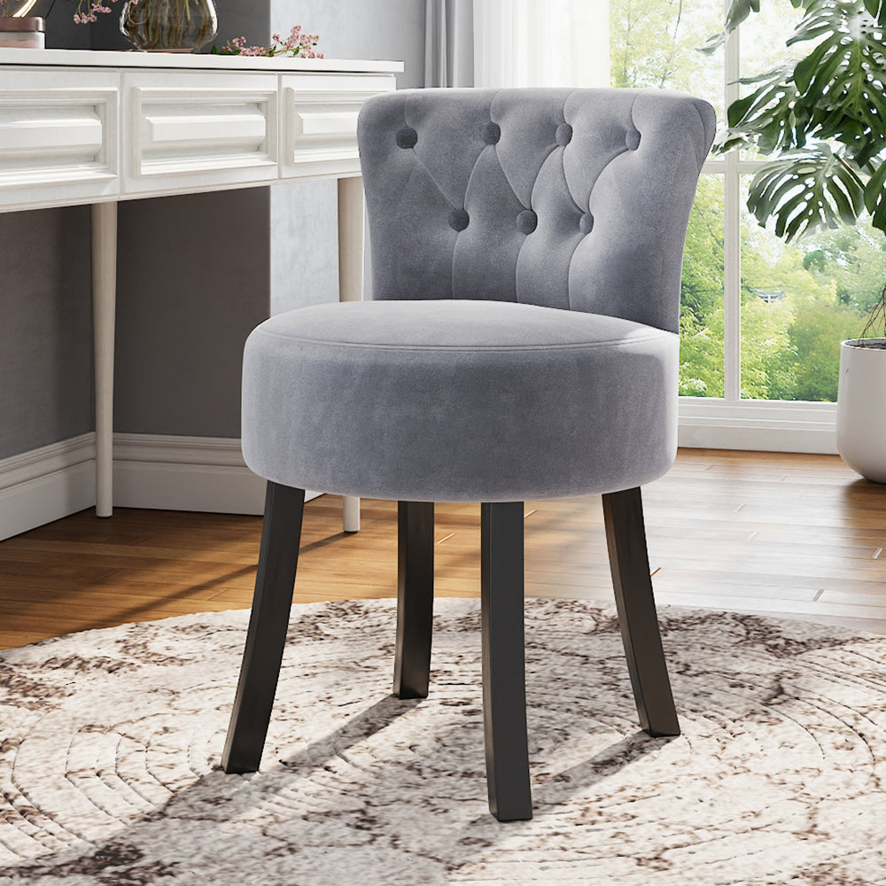 Grey Tufted Velvet Buttoned Dressing Table Stool Solid Wood Frame