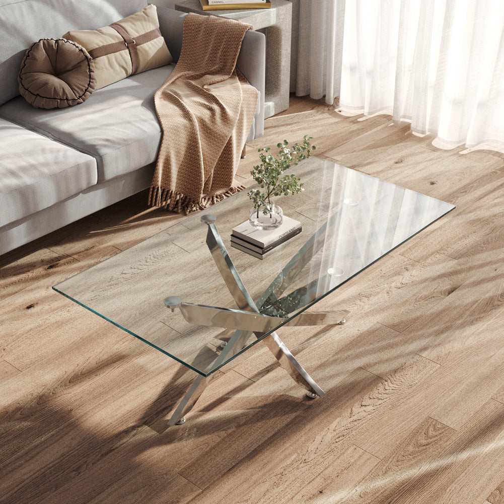 Modern Rectangle End Table Tempered Glass Top Chrome Legs Side Table