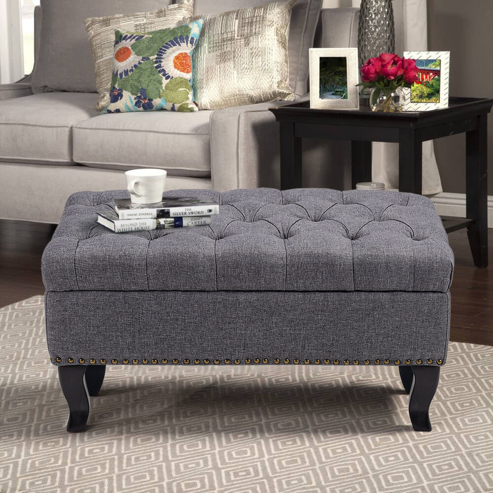 Upholstered Linen Footstool Storage Bench Button Tufted Wooden Legs