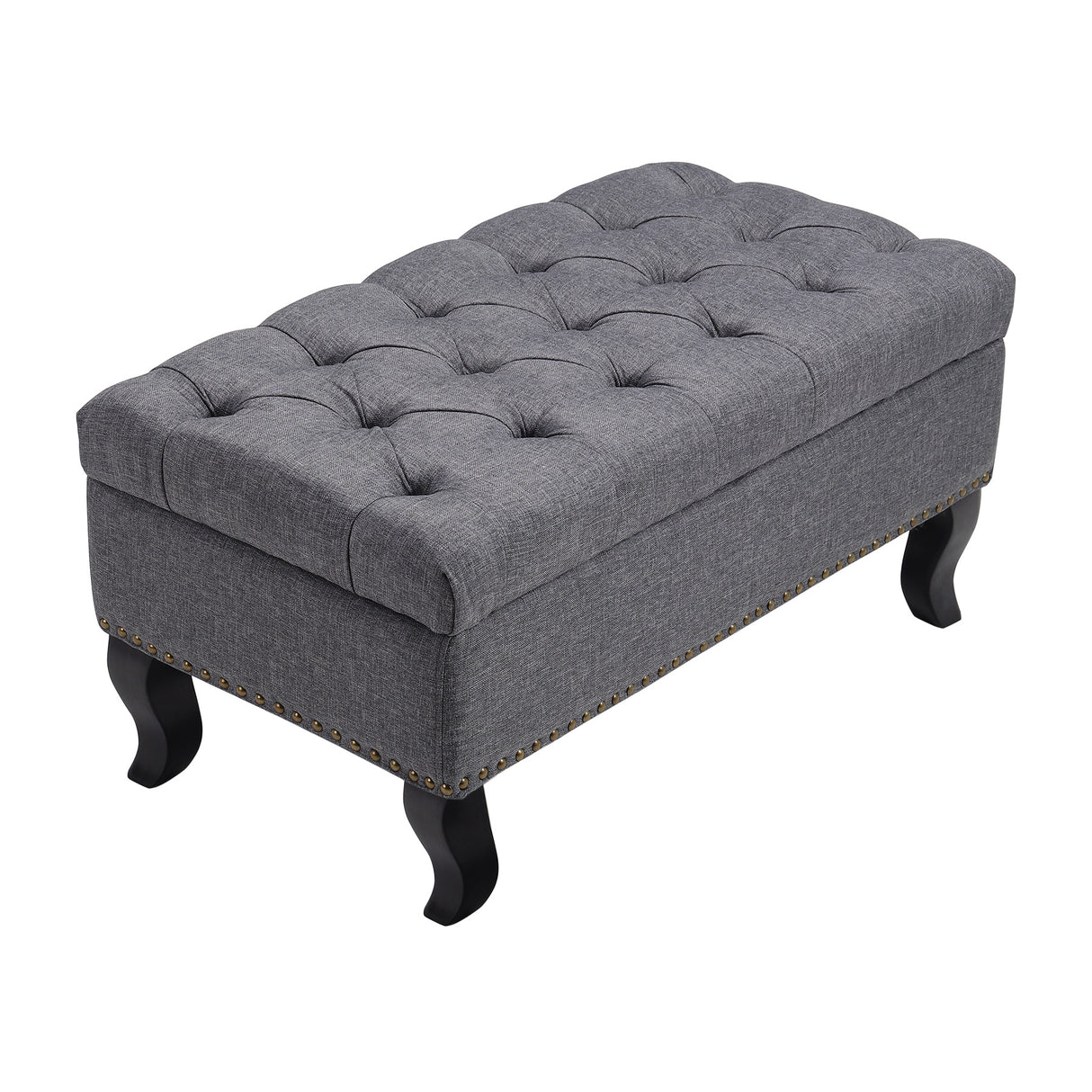 Upholstered Linen Footstool Storage Bench Button Tufted Wooden Legs