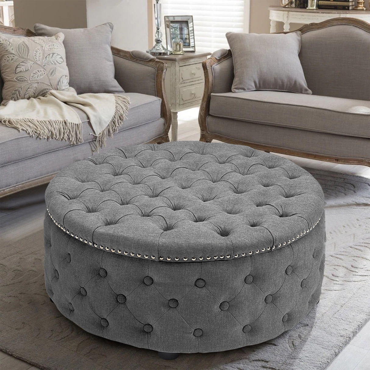 Linen Lotus Seedpod Chesterfield Buttoned Footstool Studded Edge