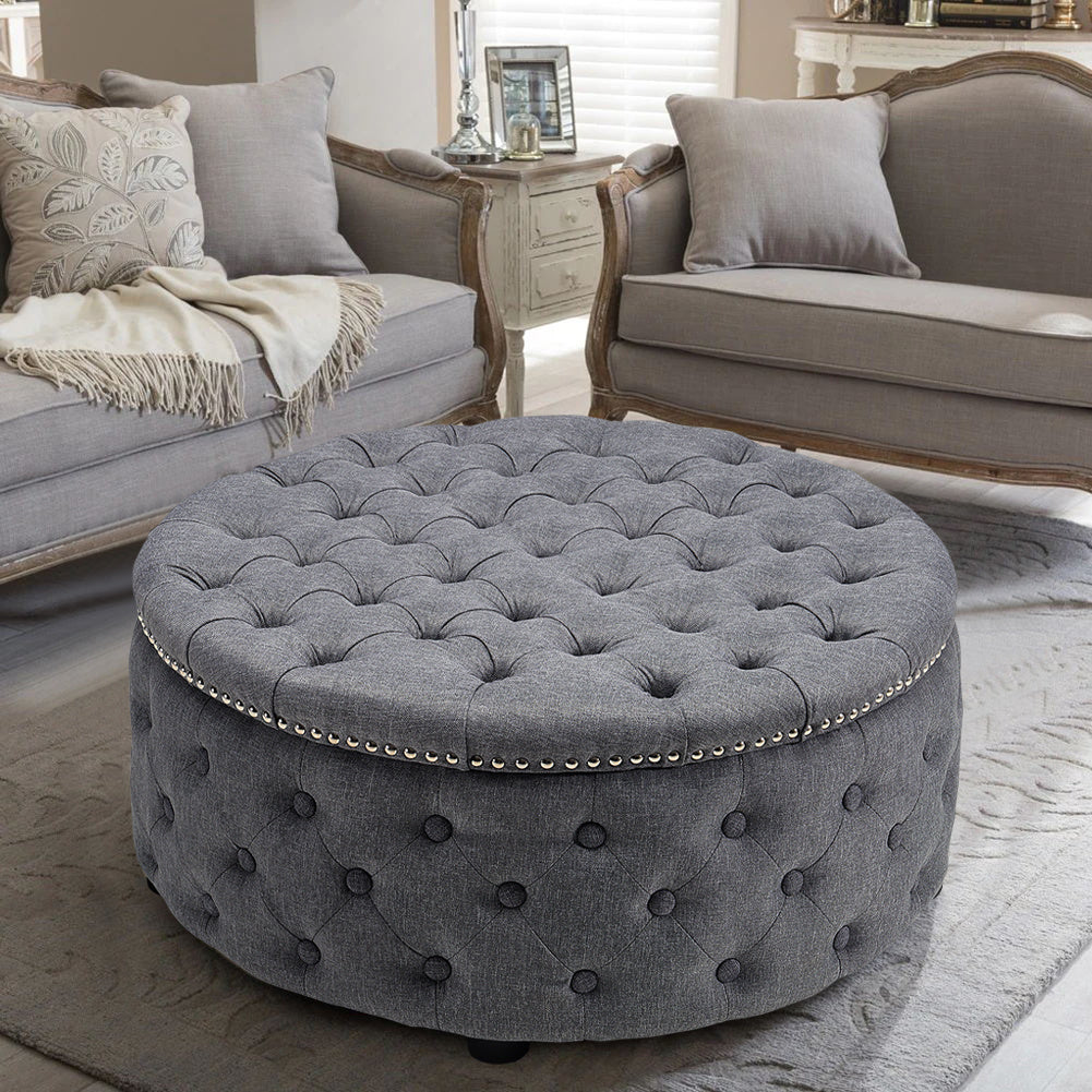 Linen Lotus Seedpod Chesterfield Buttoned Footstool Studded Edge