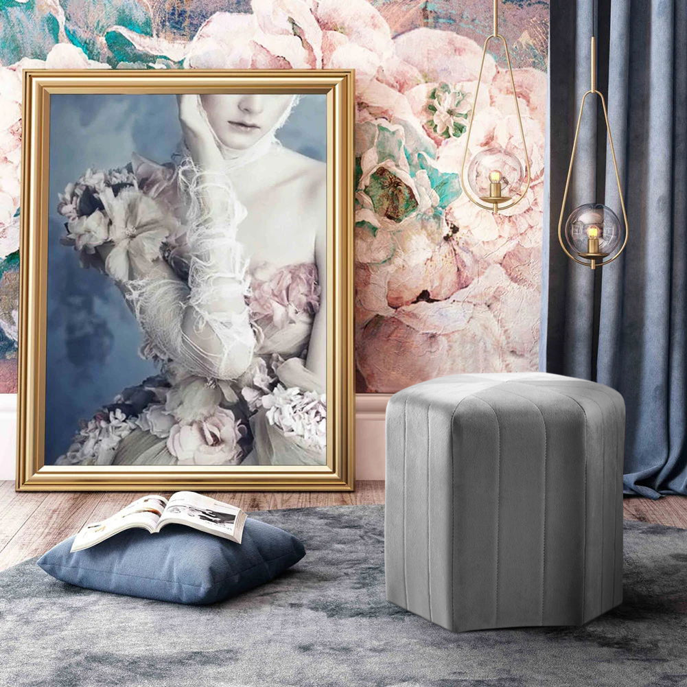 Hexagonal Velvet Footstool Lightweight Extra Seat