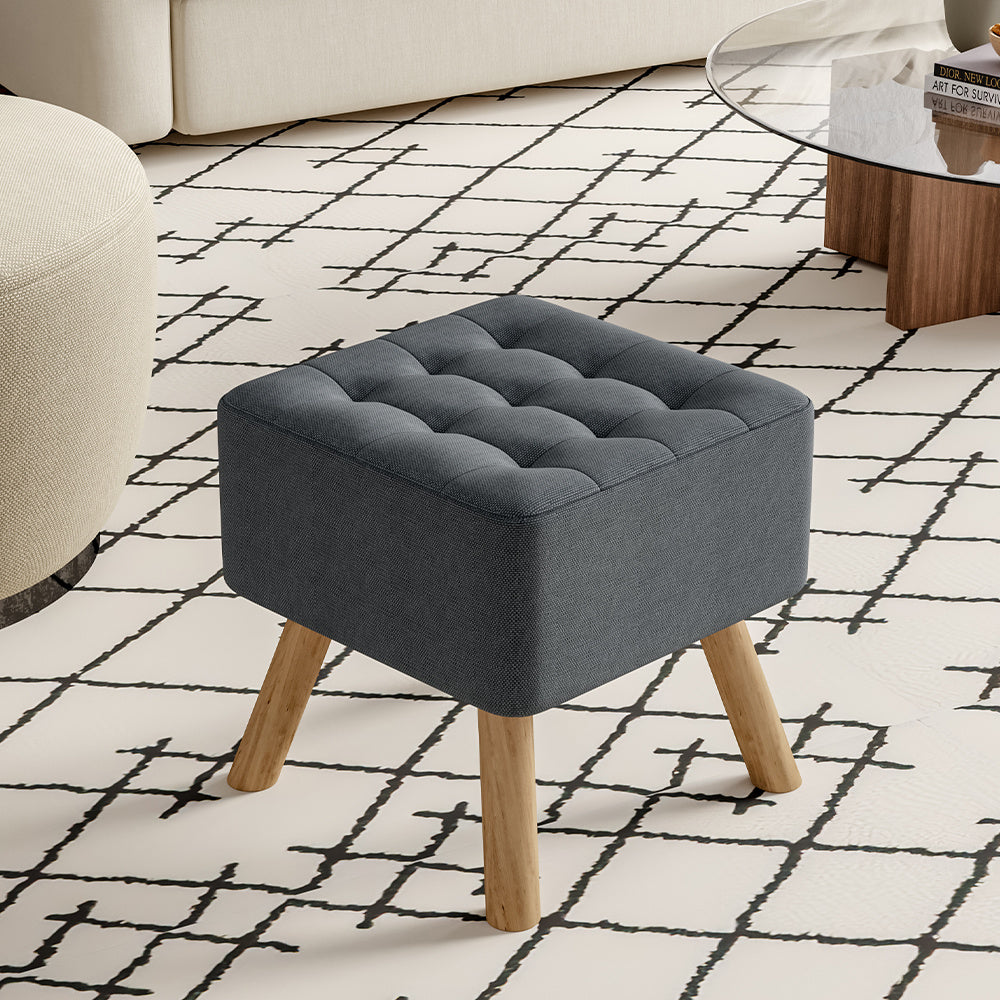 Linen Footstool Seat Square Pine Wooden Leg Cushioned
