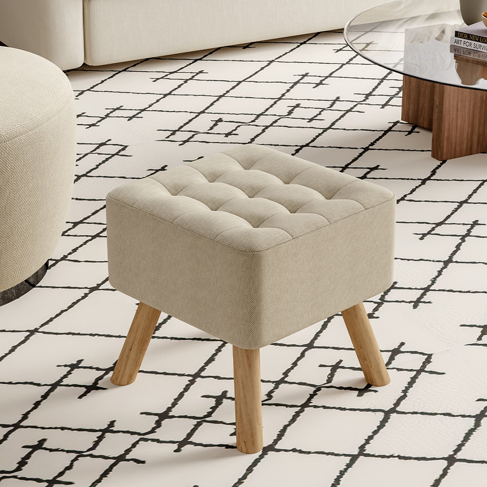 Linen Upholstered Footstool Square Seat with Wooden Legs