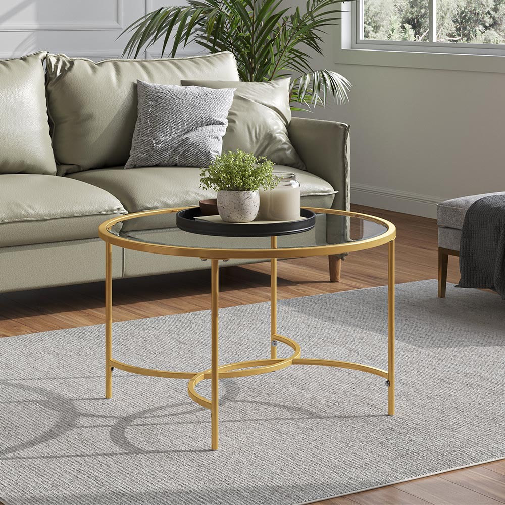 Modern Round Coffee Table Tempered Glass Top Metal Base Living Room Table