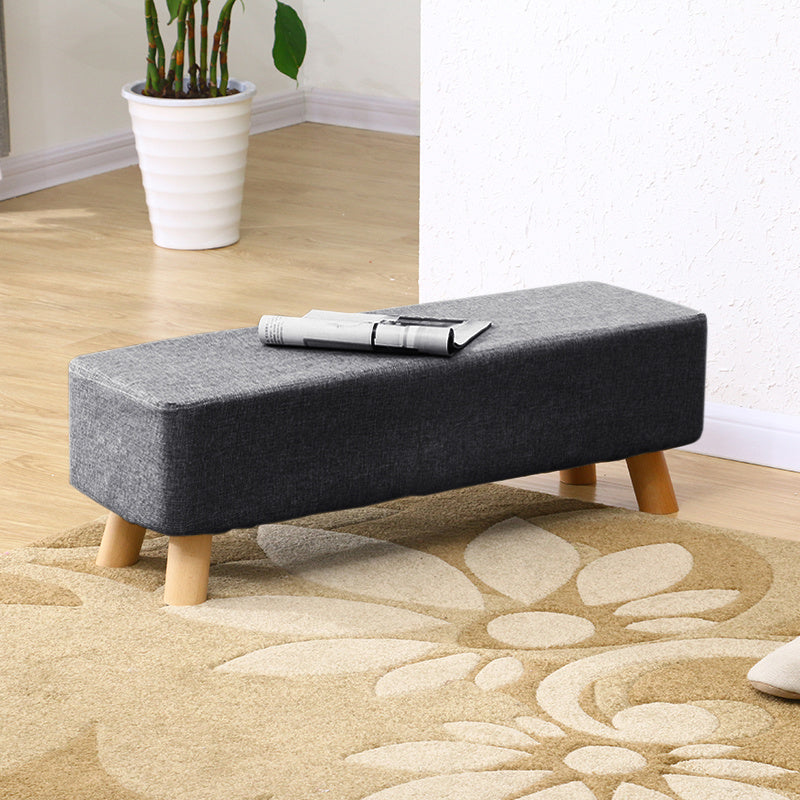 Tofu Shape Pine Wood Linen Rectangular Footstool with Solid Wooden Legs