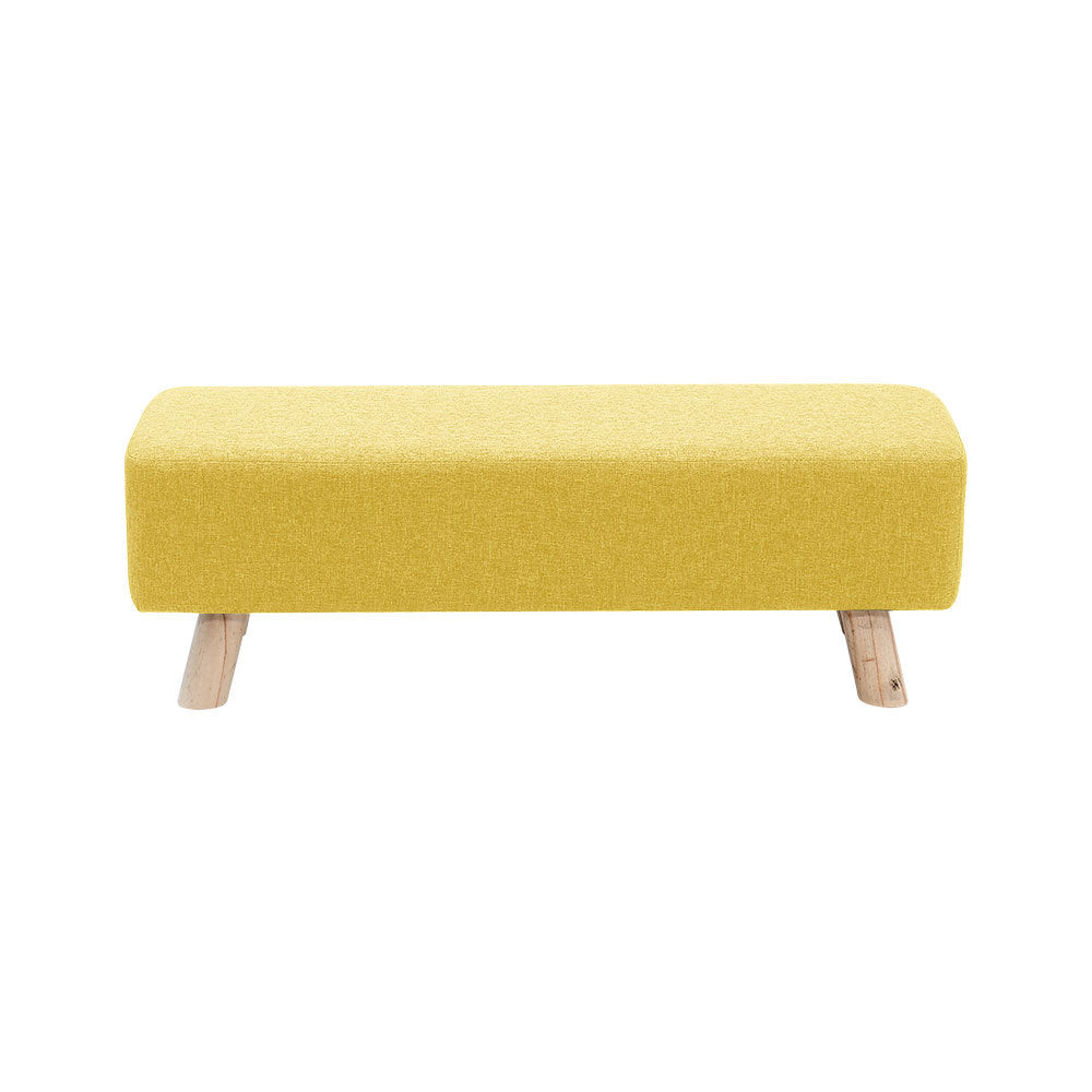 Tofu Shape Pine Wood Linen Rectangular Footstool with Solid Wooden Legs