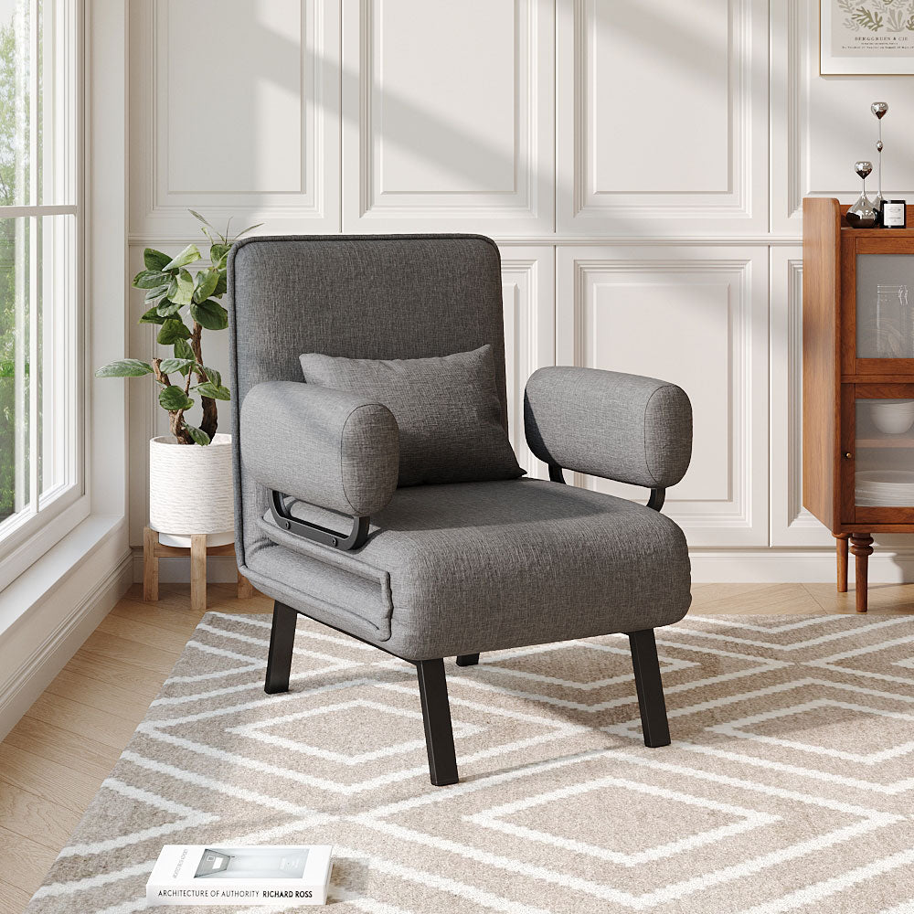 Grey Convertible Single Sofa Bed with Pillow and Side Pocket