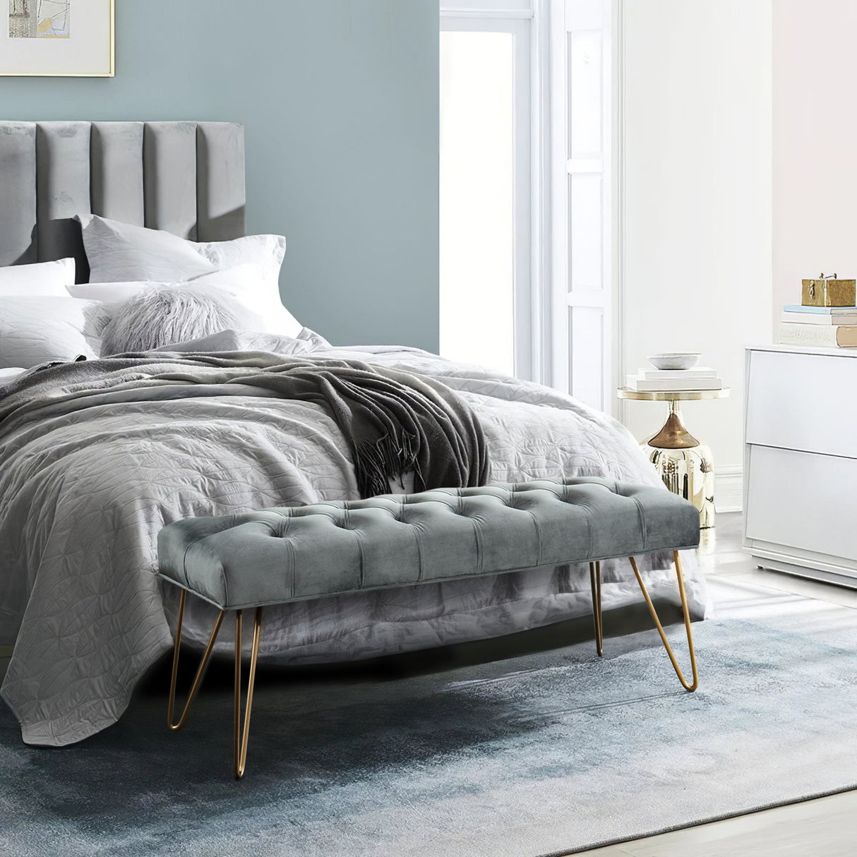 Velvet Bench with Gold Hairpin Legs Tufted Seat High Density Sponge