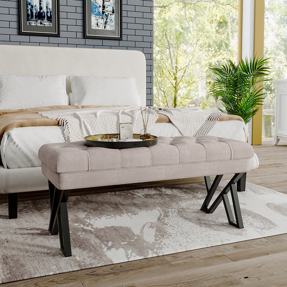 Mid Century Style Linen Bench with Button Tufting Extra Seating