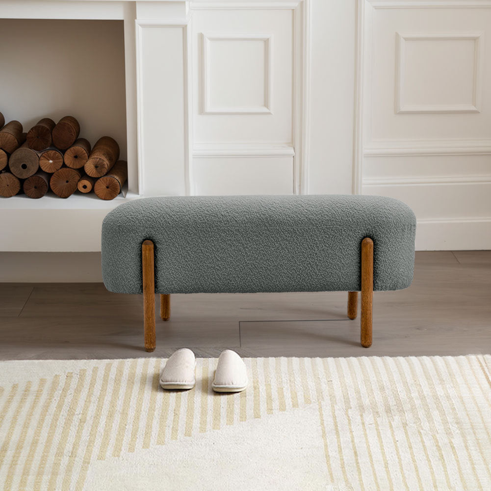 Grey Boucle Bench with Walnut Legs Plush Comfortable Seating