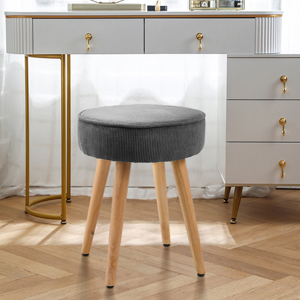Grey Corduroy Round Footstool Compact Soft Extra Seat with Wooden Legs