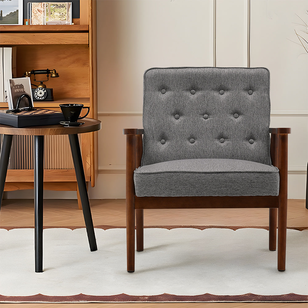 Modern Grey Armchair with Wooden Arms Comfortable Upholstered Accent Chair