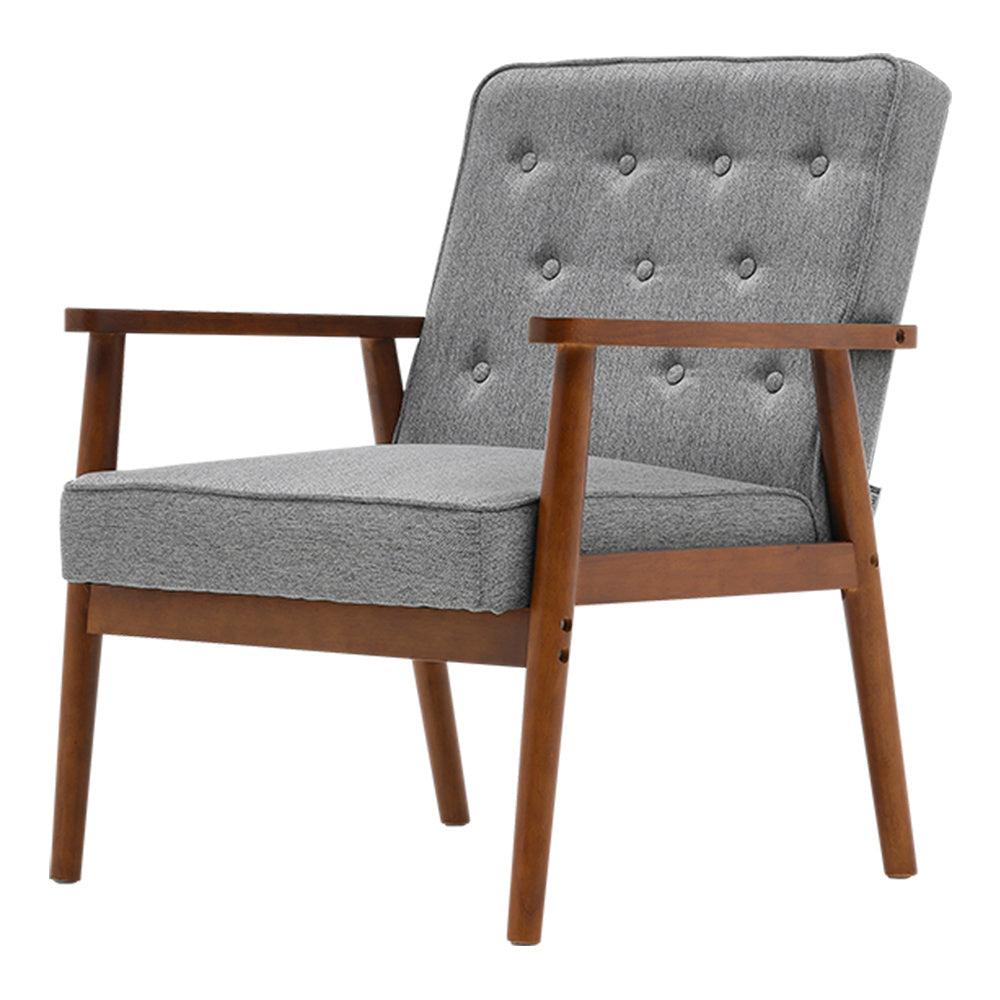 Modern Grey Armchair with Wooden Arms Comfortable Upholstered Accent Chair