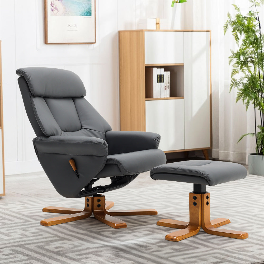 Grey PU Adjustable Tilt Swivel Faux Leather Recliner Chair With Ottoman