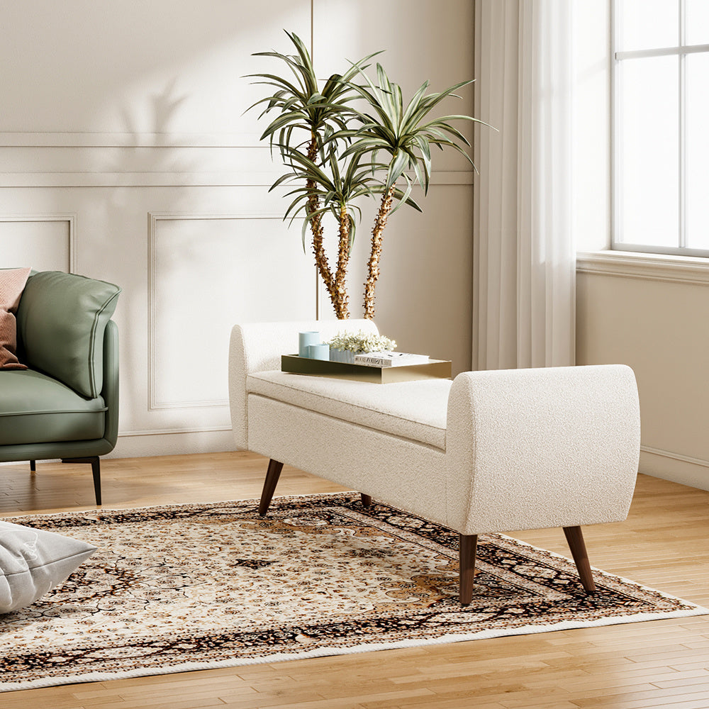 Linen Upholstered Storage Bench with Hidden Storage and Cushioned Seat