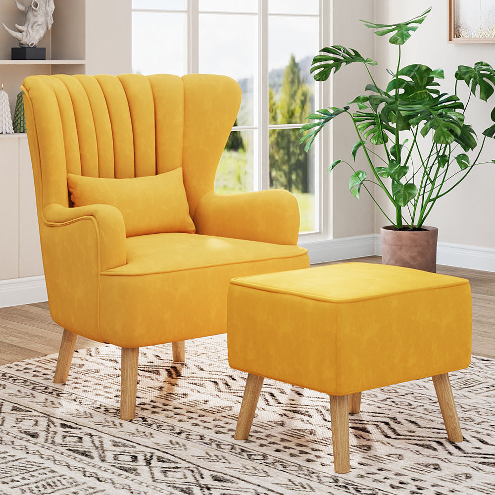 Suede Wingback Armchair with Footstool and Lumbar Pillow