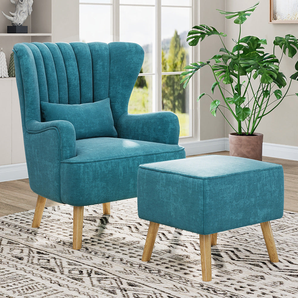 Suede Wingback Armchair with Footstool and Lumbar Pillow