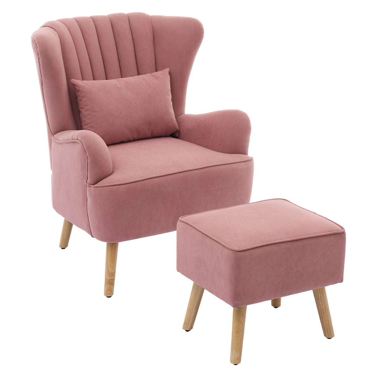 Curved Back Armchair with Footstool Velvet Upholstered Reading Chair