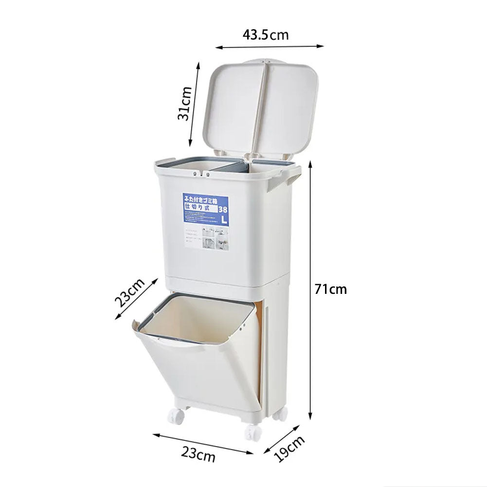38L Double Layer Three Compartment Trash Can with Wheels,White