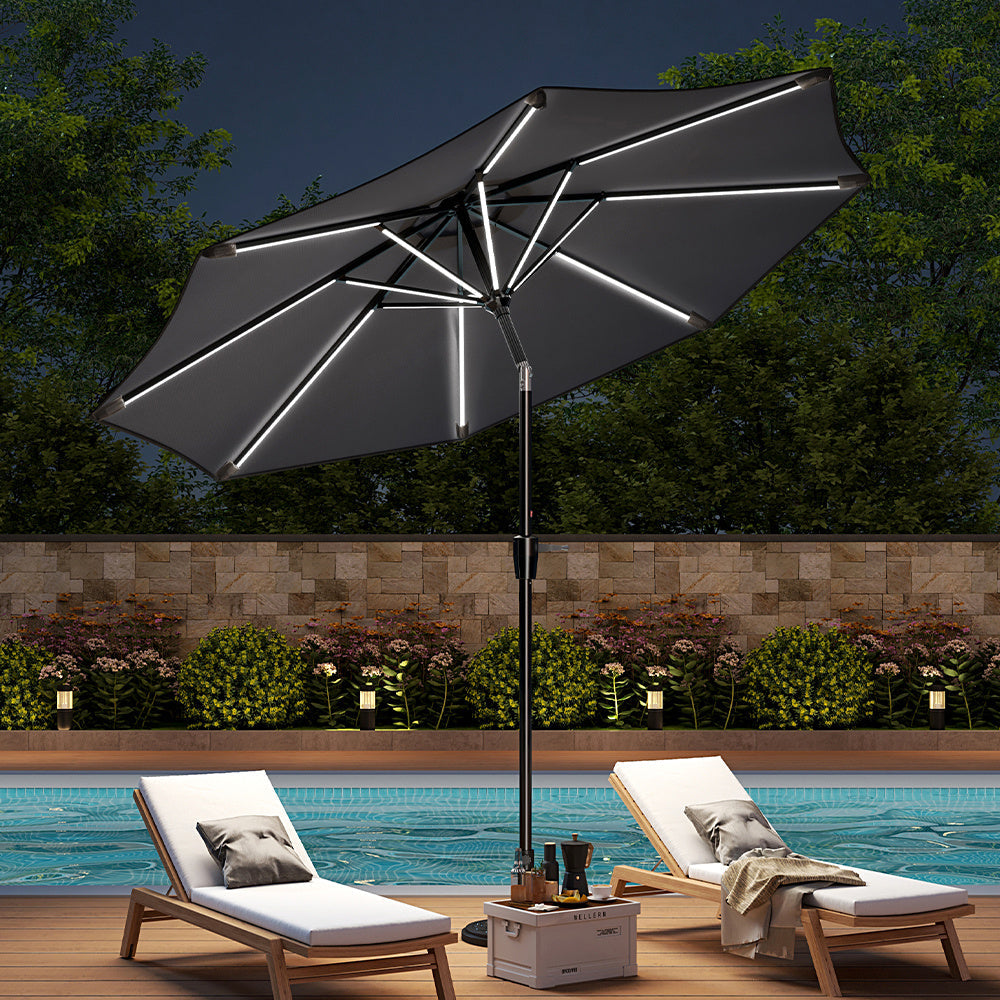 3M Large Garden LED Parasol Outdoor Beach Umbrella with Light Sun Shade Crank Tilt No Base, Gark Grey
