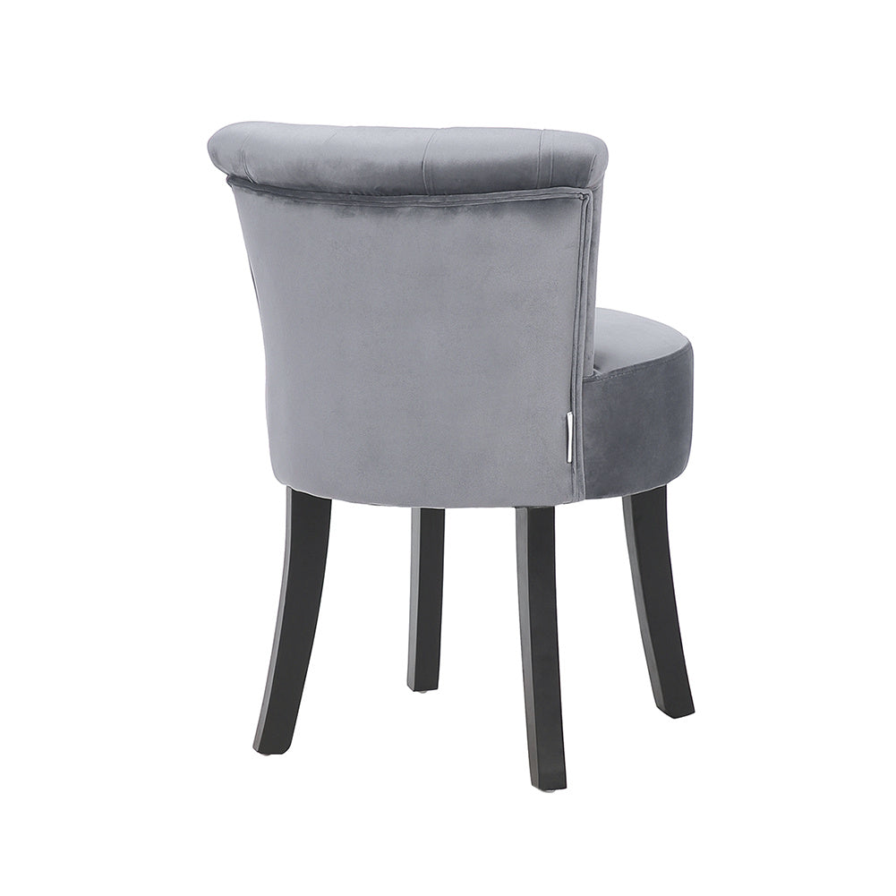 Velvet Buttoned Wing Back Vanity Stool Black Wooden Legs, Grey