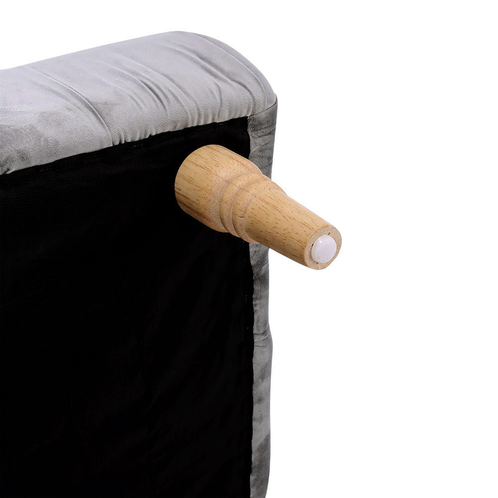 Velvet Buttoned Footstool with Wood Legs, Grey