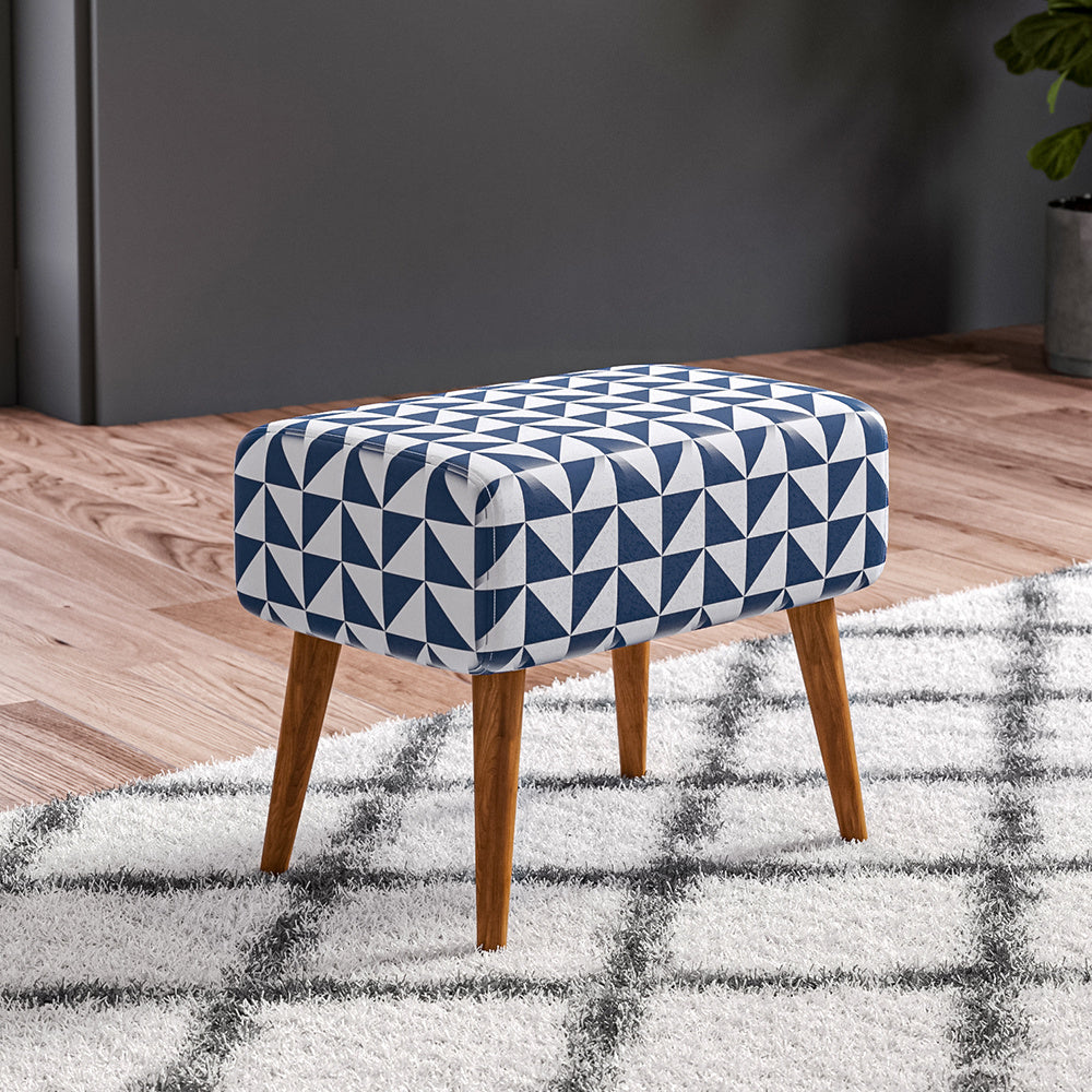 Blue Patterned Footstool with Walnut Legs