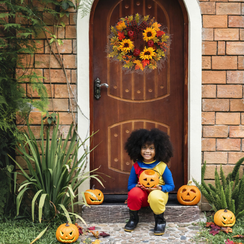 Christmas Halloween Artificial Maple Wreath Rattan with LED Light, Sunflower 45CM