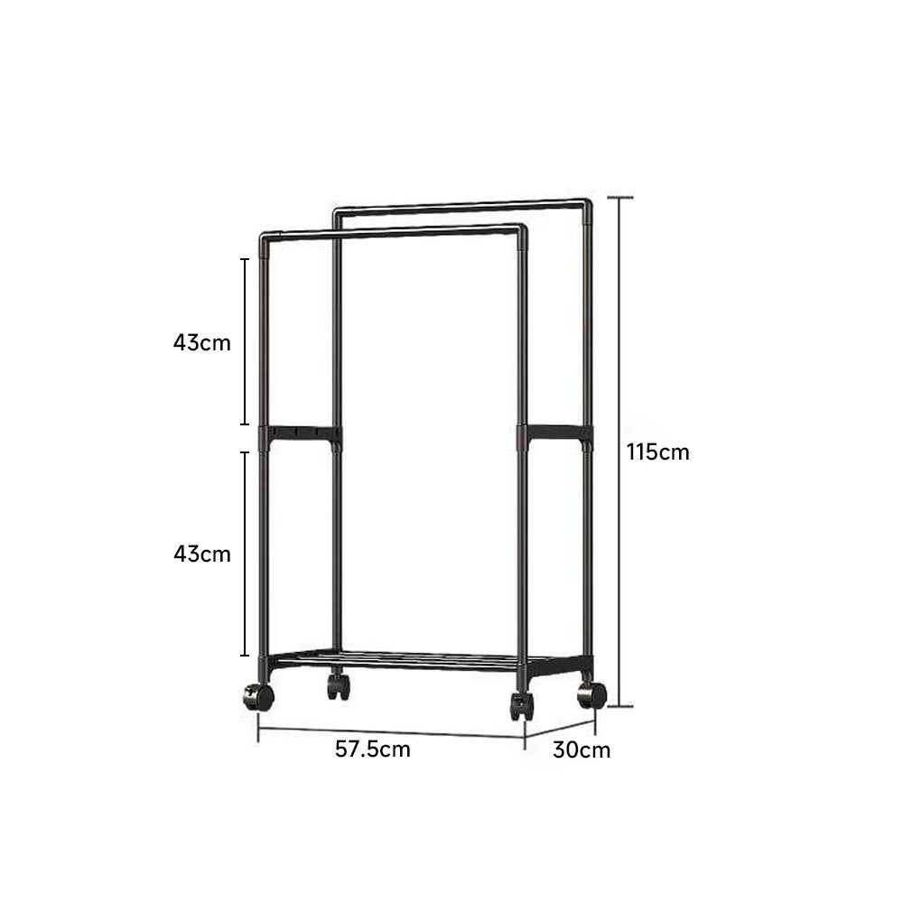 Black Double Rod Metal Clothes Rack on Wheels