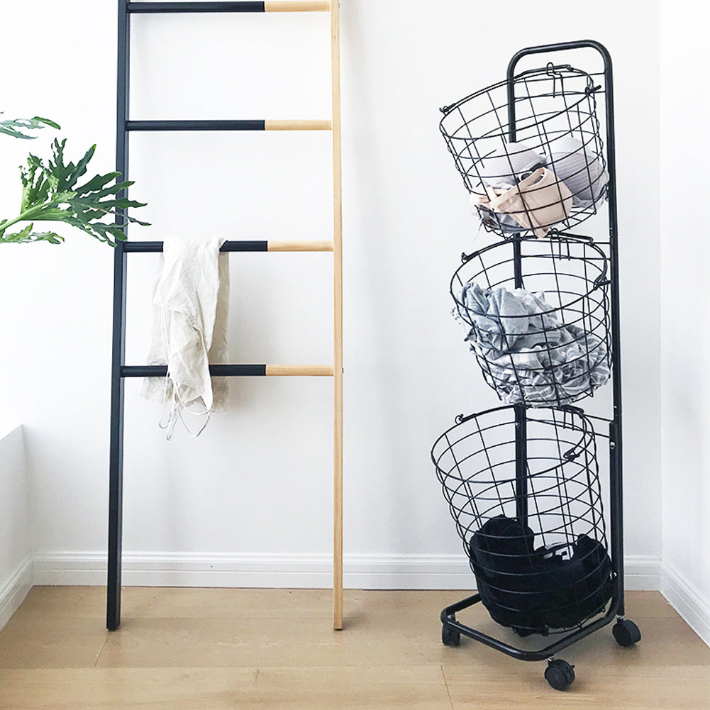 3 Tier Black Laundry Basket with Wheels Metal Rolling Storage Organiser